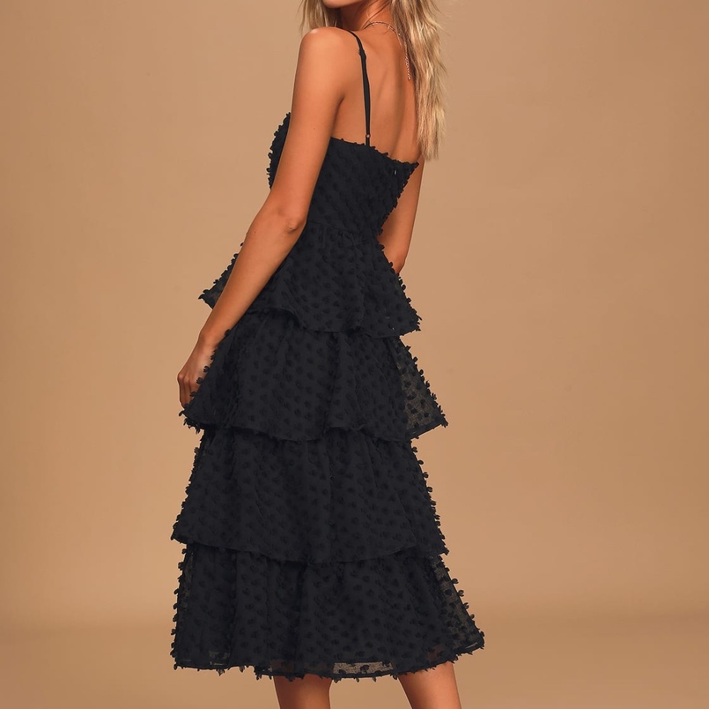 Flirting with You Black Tiered Pom Pom Midi Dress - Picture 2 of 2